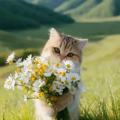 Chubby Cat with Flowers