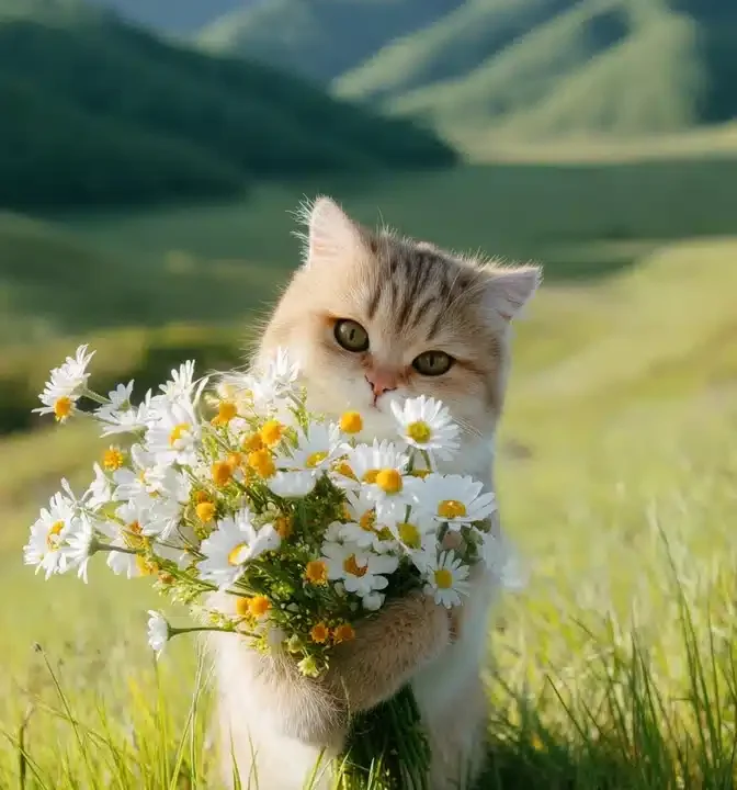 Chubby Cat with Flowers