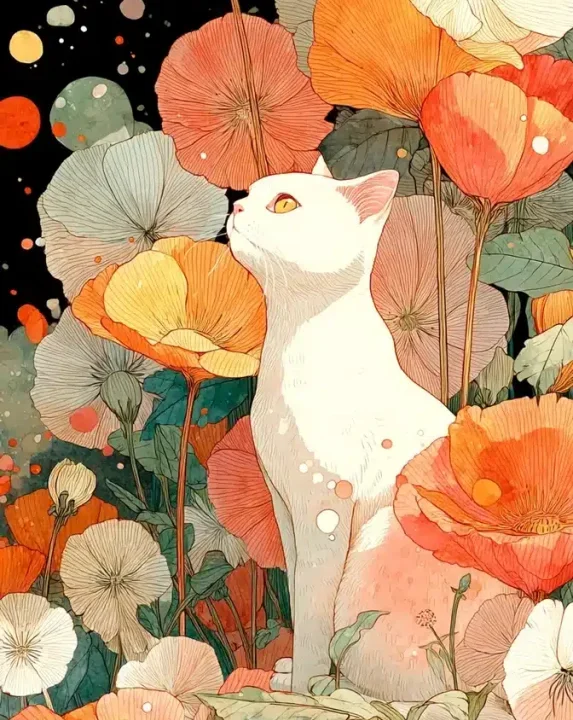 Cat in Floral Field