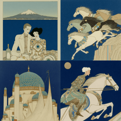 Elegant Art Deco Illustration with Horses & Architecture