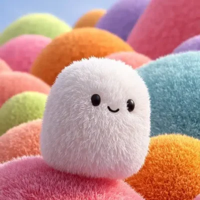 Fluffy Character Among Pastel Hills