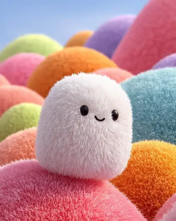 Fluffy Character Among Pastel Hills
