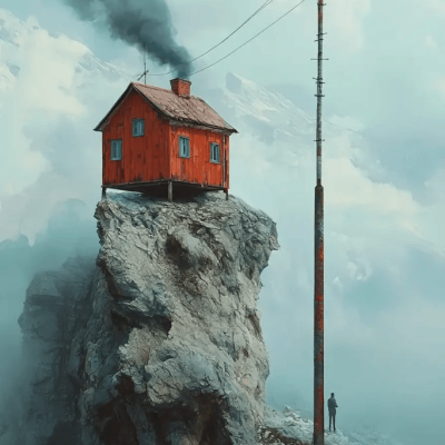 Surreal Red House on Mountain