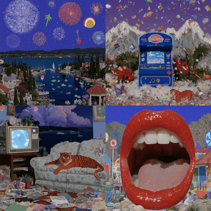 Surreal Vaporwave Collage Art with Tigers & 90s Nostalgia