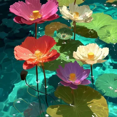 Vibrant Lotus and Lily Pads