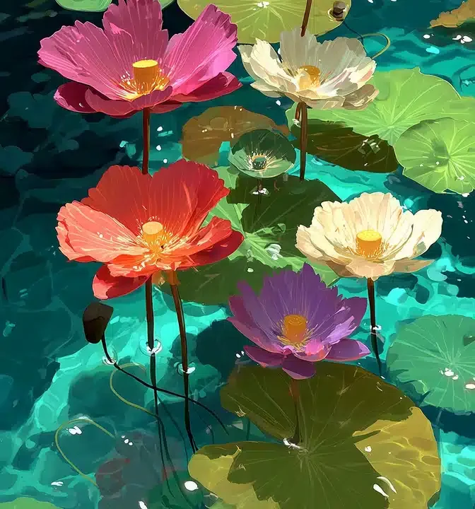 Vibrant Lotus and Lily Pads