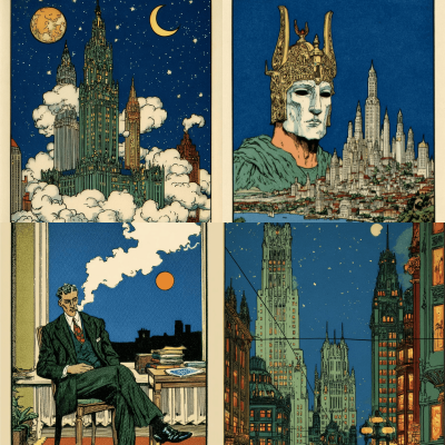 Vintage Art Deco Night Cityscape Illustrations